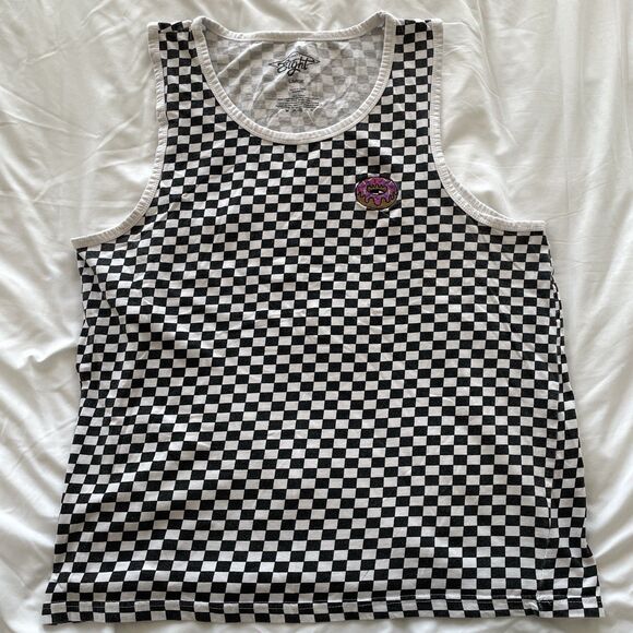 Y2K Checkerboard Tank Top Donut Patch Emo Skater Sleeveless Tee Men’s Size Large - Picture 1 of 7